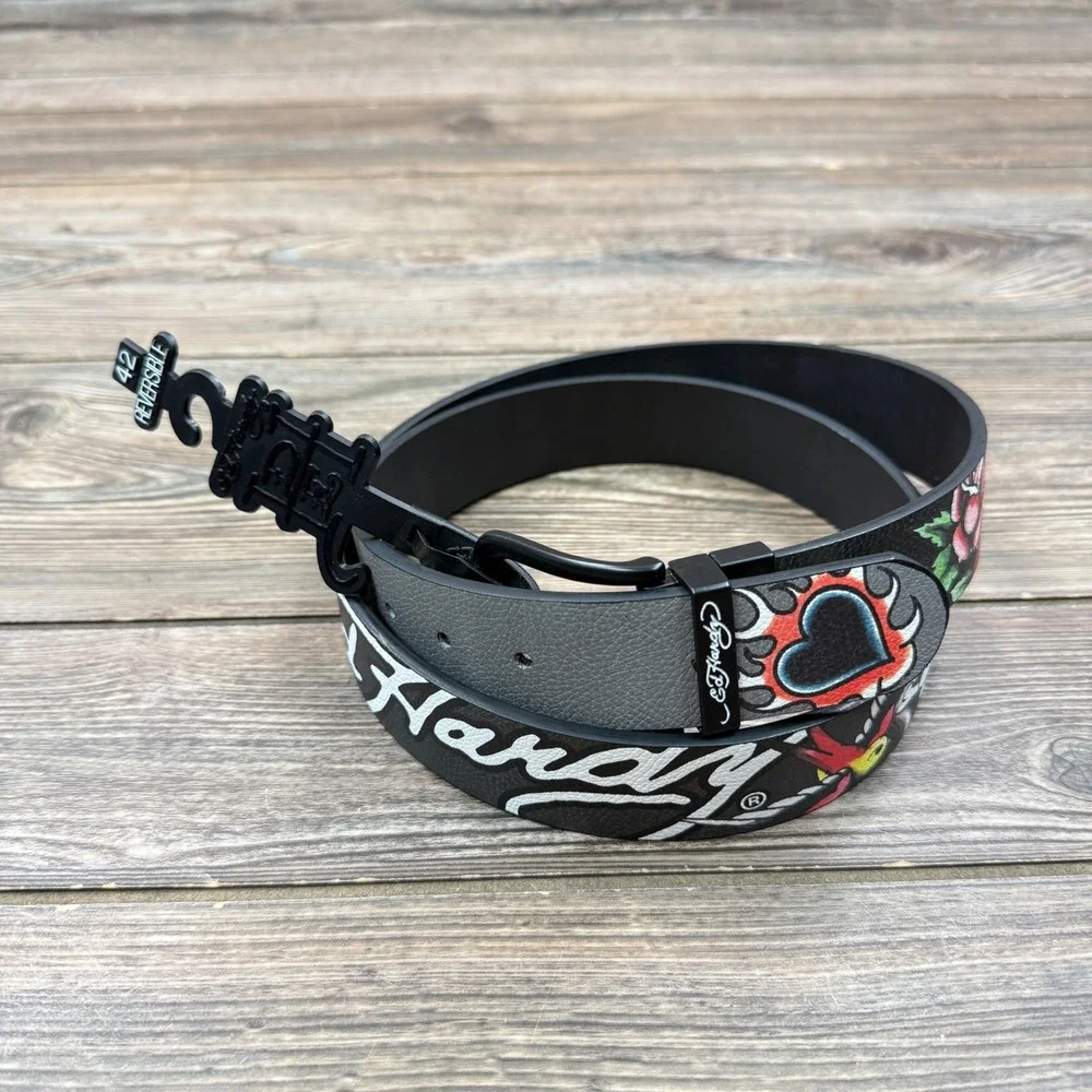 Ed Hardy Mens Size 42 Reversible Belt Black Grey Tattoo Graphic Print New